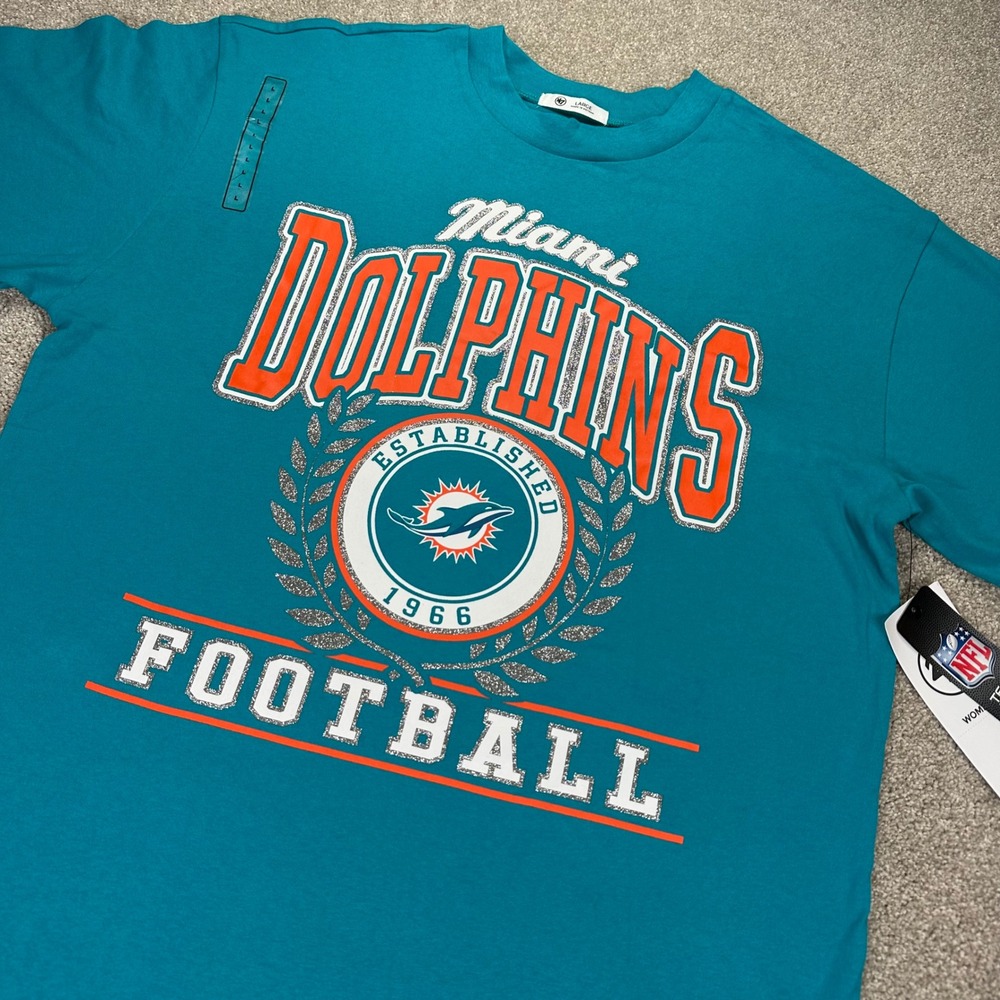 '47 Brand Women L Miami Dolphins T-Shirt Neptune Teal Glitter Graphic NFL Tee